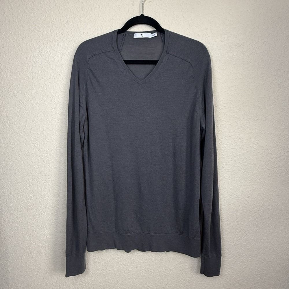 Men's +J Uniqlo Jil Sander Gray 100% Wool V Neck Sweater Quiet Luxury Preppy XL